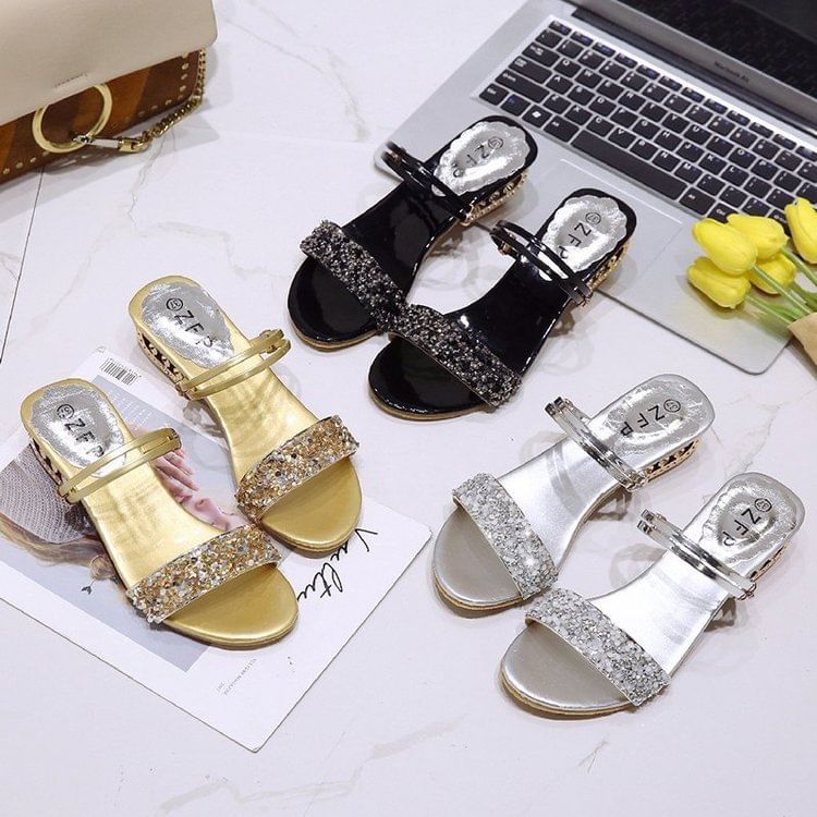 Heel Sequin Sandals Low