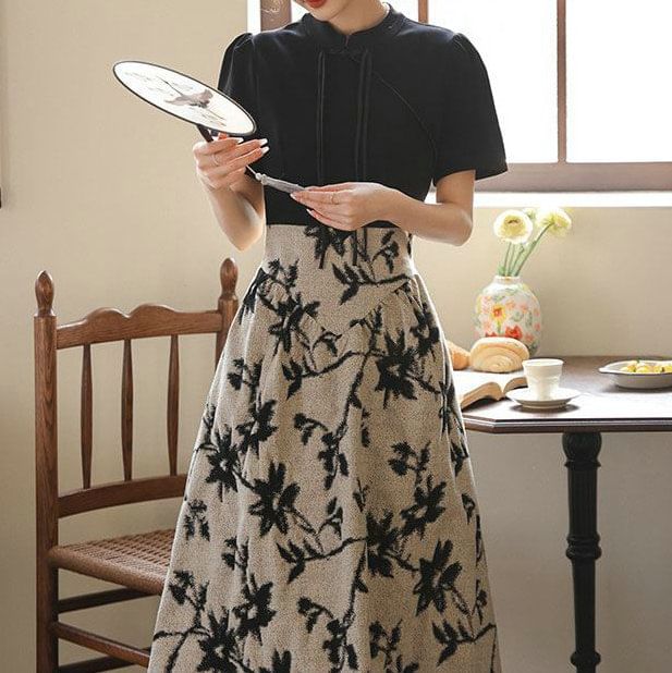 Short-Sleeve Mandarin Collar Floral Panel Midi A-Line Dress