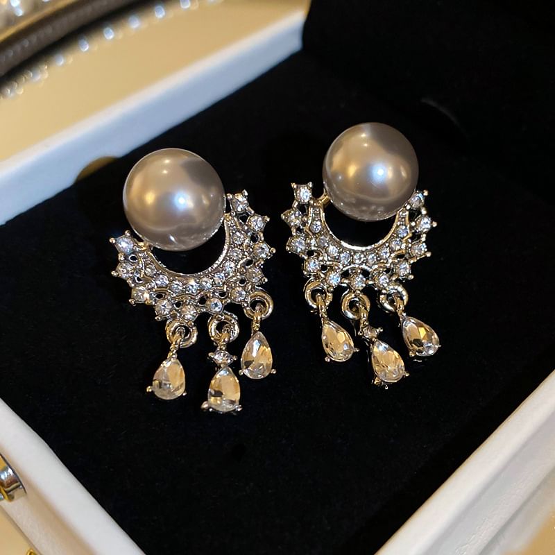 Faux Pearl Rhinestone Fringed Drop Earring