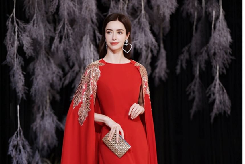 Cape-Sleeve Sequined Printed A-Line Evening Gown