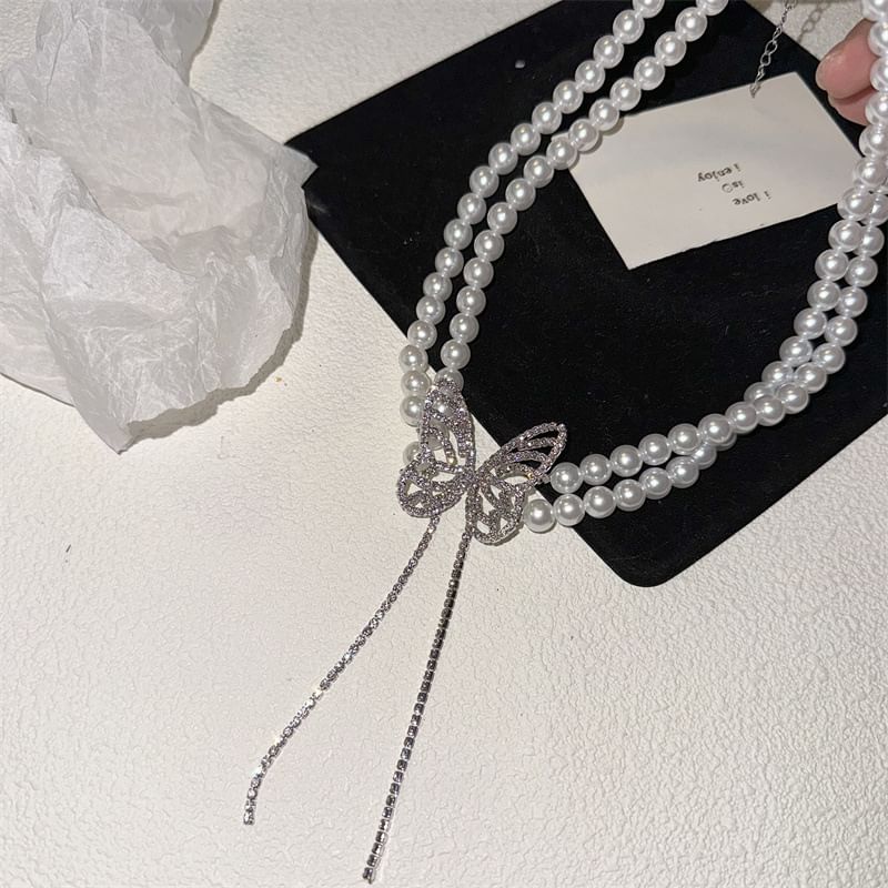Butterfly Rhinestone Faux Pearl Alloy Choker