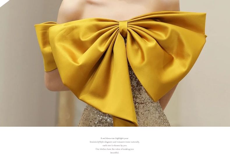 Evening Open Back Gown Mermaid Bow Off-Shoulder Sequin Accent