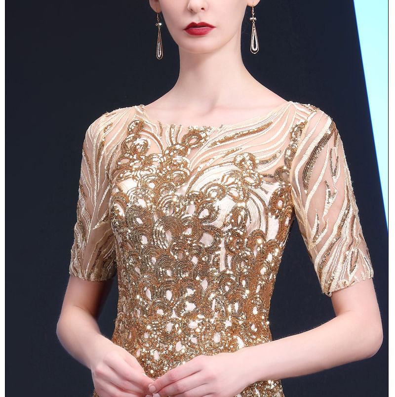 Short-Sleeve Trumpet Gown Patterned Neck Evening Sequin Round