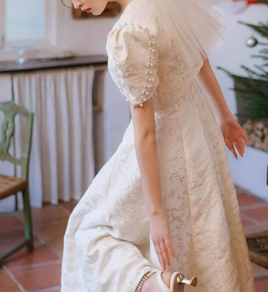 Short-Sleeve V-Neck Plain Faux Pearl Mock Two Piece Midi A-Line Wedding Dress