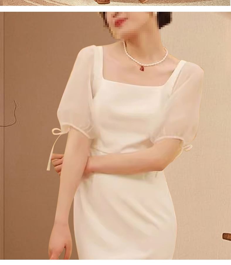 Short-Sleeve Square Neck Plain Maxi Sheath Wedding Dress