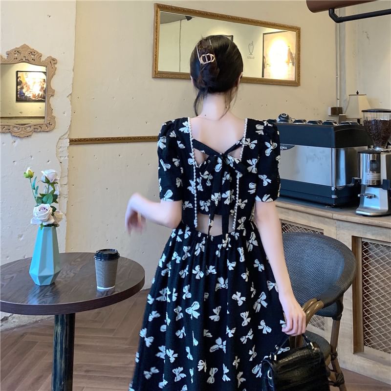 Short-Sleeve Square Neck Bow Print Panel Tie Back Midi A-Line Dress