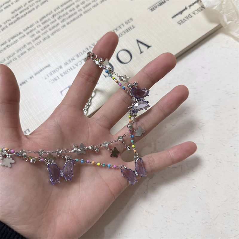 Butterfly Faux Crystal Fringed Layered Necklace