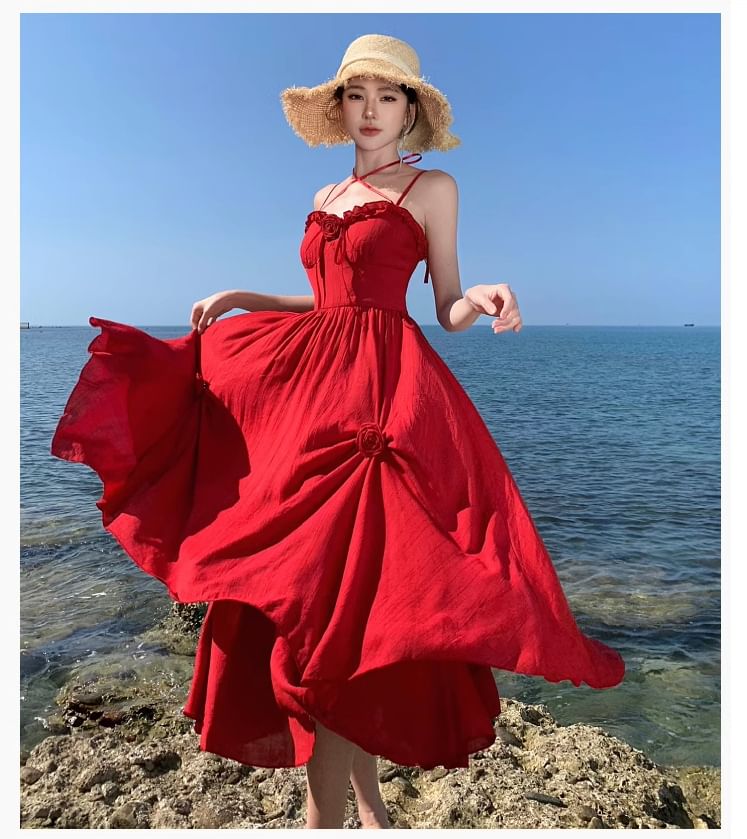 Spaghetti Strap Plain Ruffle Flower Detail Maxi Sundress