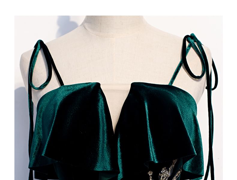 Tie Shoulder Sequin Beaded Velvet Panel Mesh A-Line Evening Gown