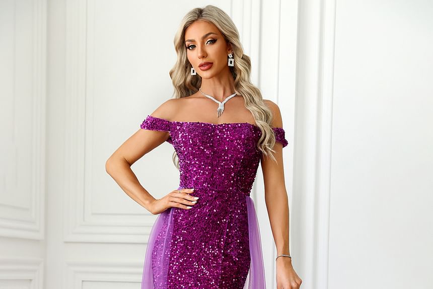 Sequined Mesh Off-Shoulder Evening Mermaid Gown Panel