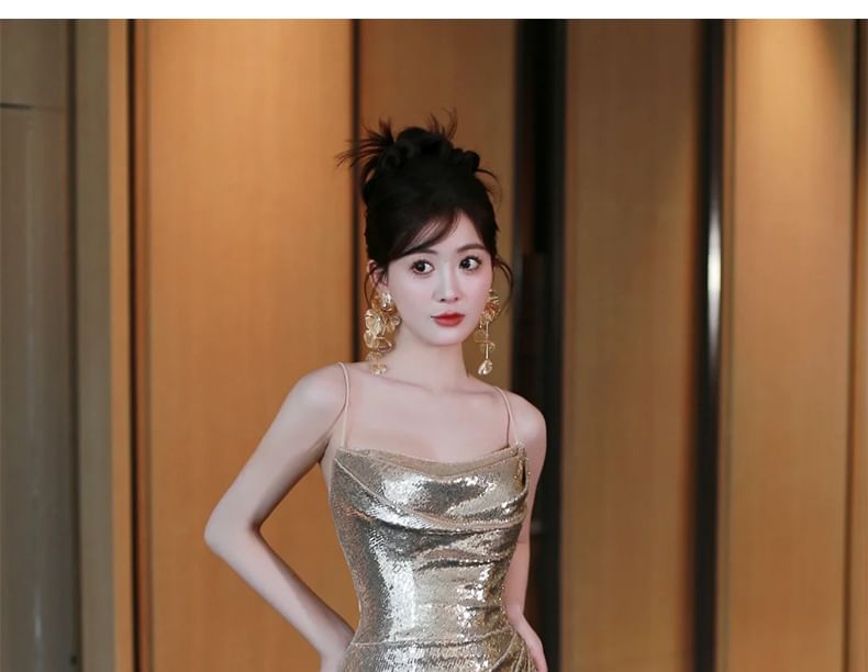 Plain Ruched Spaghetti Gown Evening Trumpet Metallic Sequin Strap