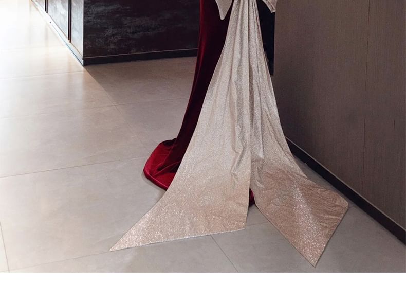 Evening Velvet Gown Bow Strap V-Neck Spaghetti Trumpet