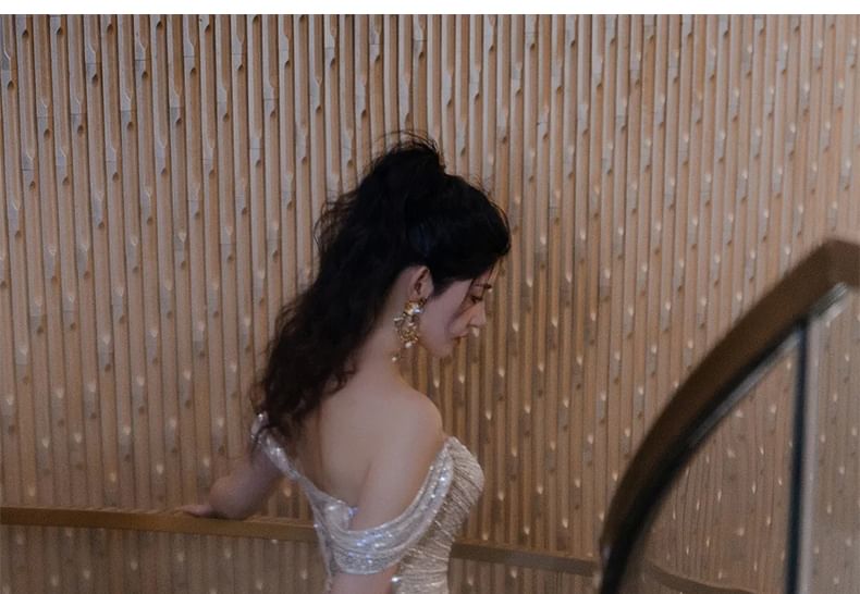 Gown Plain Shoulder Slit Sheath Evening Sleeveless Off Ruched Sequin