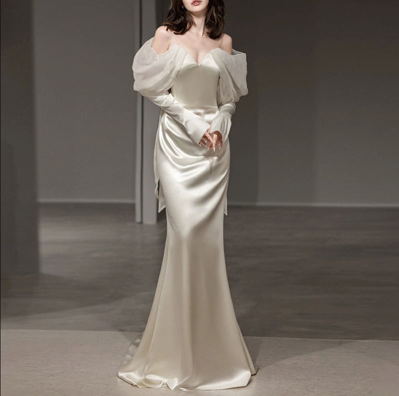 Wedding Cold Long-Sleeve Shoulder Gown Sheath Mermaid Plain