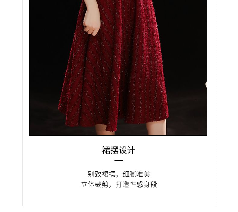 Long-Sleeve Two Tone Sequin Midi A-Line Evening Dress