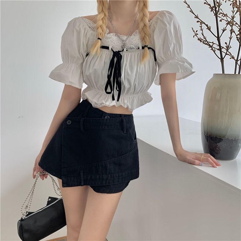 Waist Denim Skort Asymmetrical High