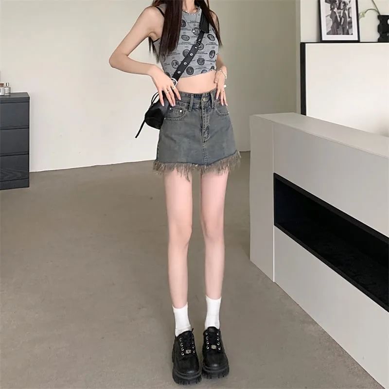 Hem Pencil High Fringed Waist Skirt Denim Mini