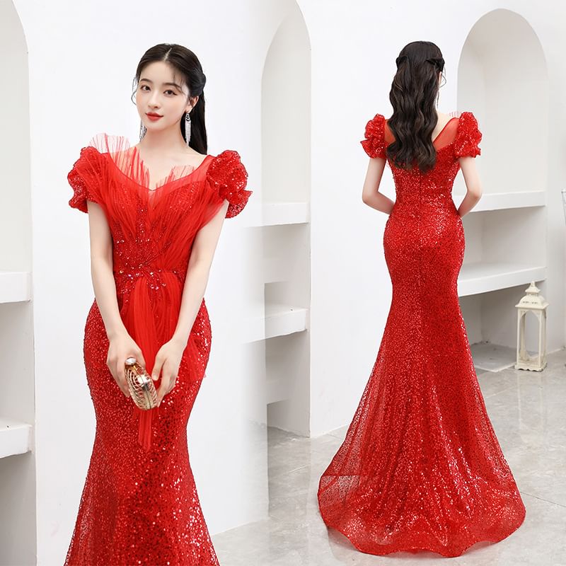 Mermaid Evening Sequin Mesh V-Neck Panel Gown Puff-Sleeve