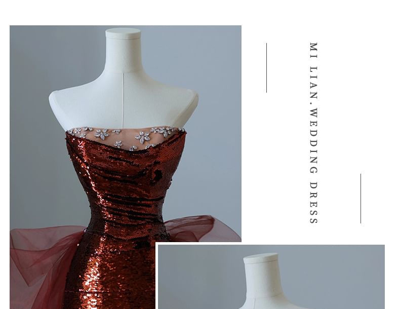 Strapless Sequin Mesh Panel Floral Rhinestone Accent Trained Mermaid Evening Gown