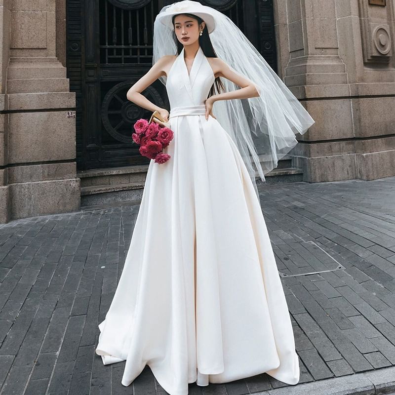 Gown Wedding Plain A-Line V-Neck Sleeveless