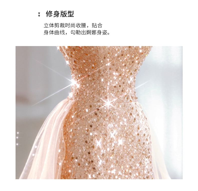 Spaghetti Strap Gown Mesh (Various Evening A-Line Designs) Sequin Panel