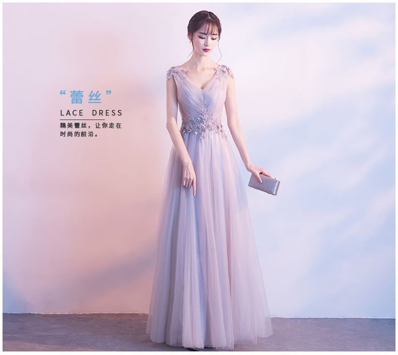 Sleeveless V-Neck Plain Floral Applique Ruched Mesh Mini A-Line Cocktail Dress / Evening Gown