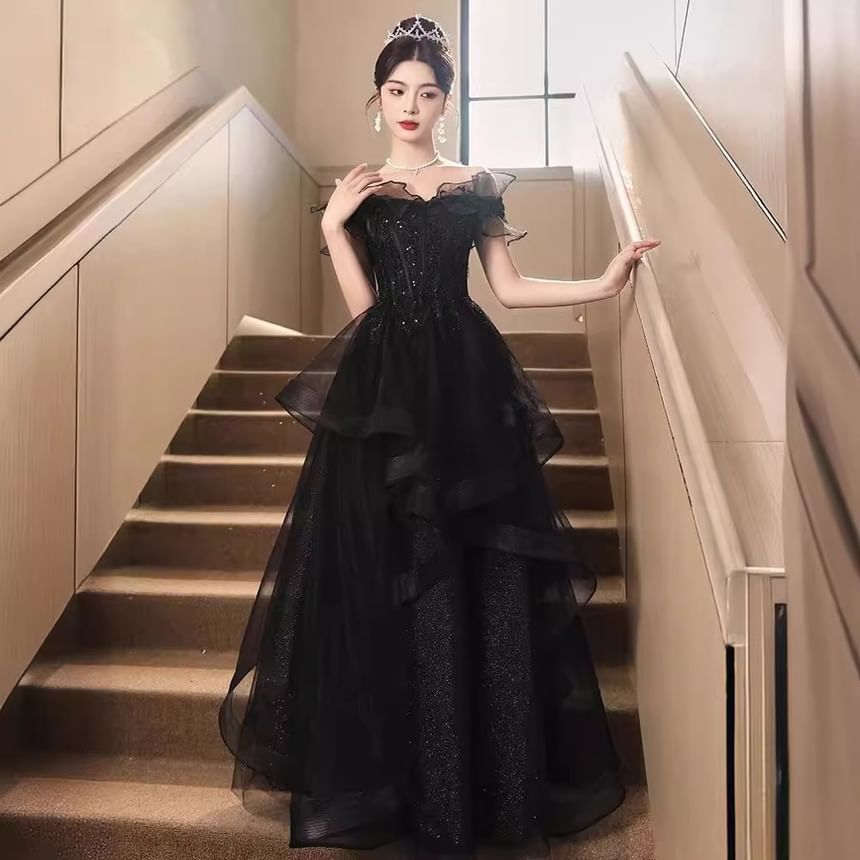 Short-Sleeve Off Shoulder Plain Ruffle Mesh A-Line Evening Gown