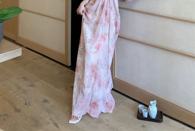 Spaghetti Strap V-Neck Floral Print Ruched Maxi A-Line Dress