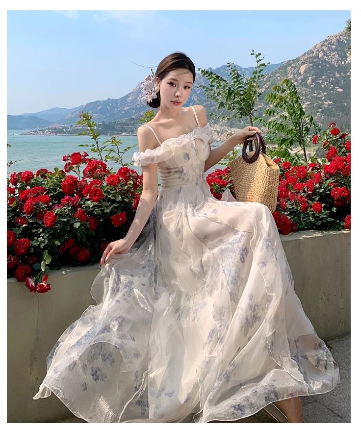 Square Neck Cold Shoulder Floral Print Ruffle Trim Ruched Maxi A-Line Dress