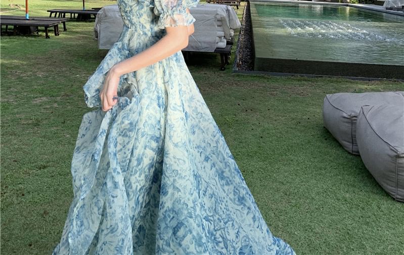 Puff-Sleeve Off-Shoulder Floral Print Ruffle Trim Slit Maxi A-Line Dress