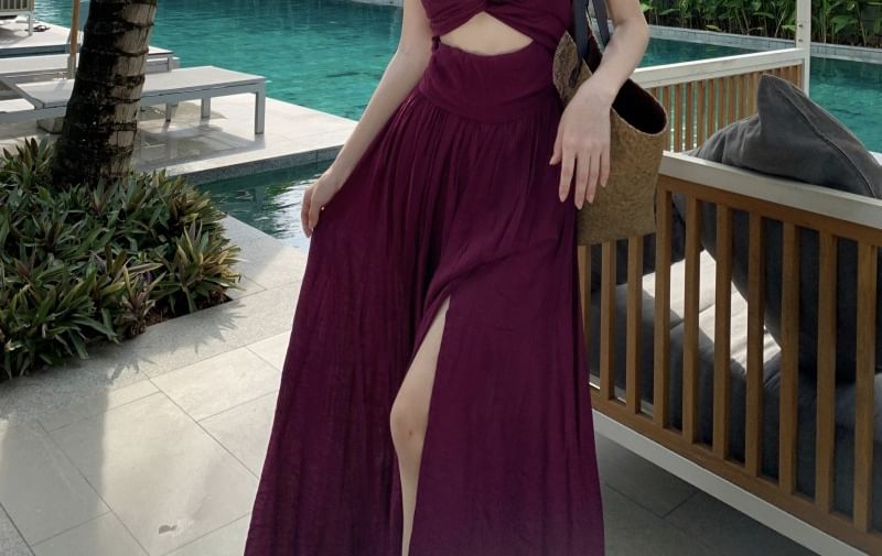 Spaghetti Strap V-Neck Plain Knot Cutout Slit Maxi A-Line Dress