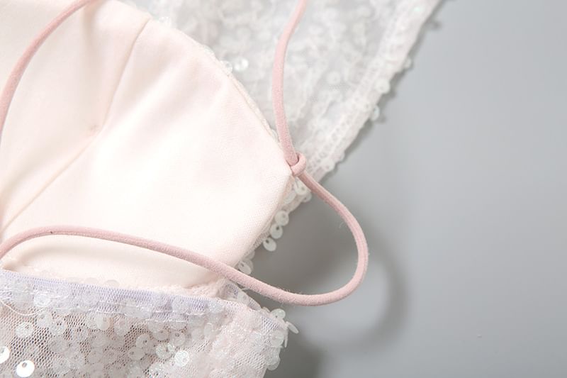 Plain Sequin Hooded Mesh Bustier Top