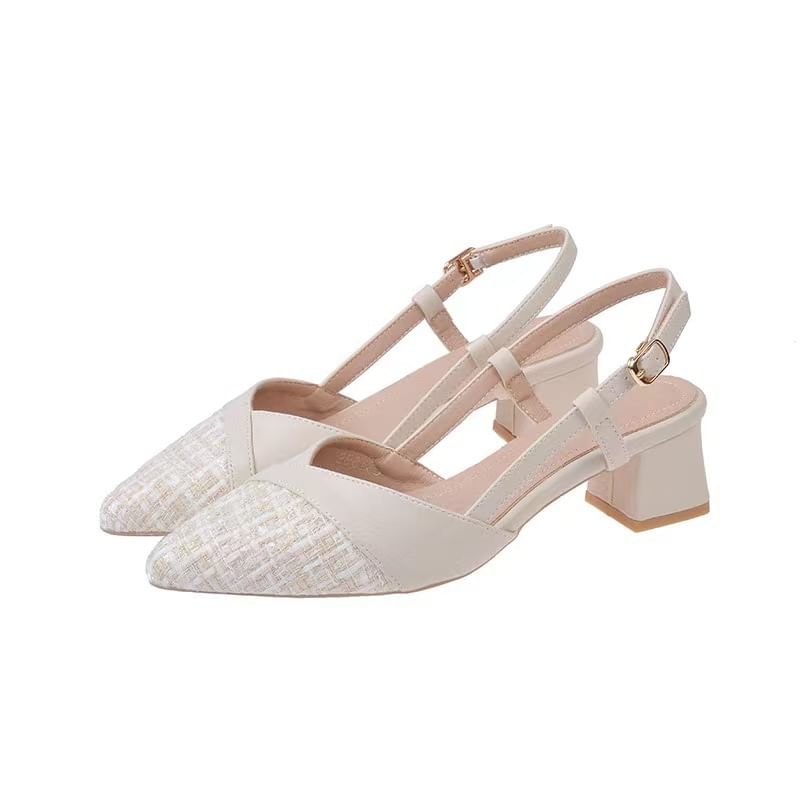 Pointed Toe Slingback Panel Tweed Block Heel Pumps
