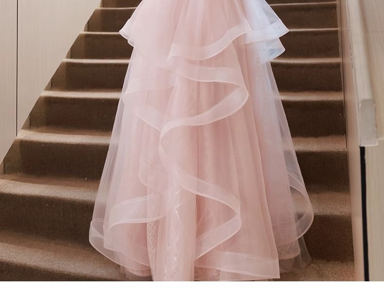 Cold-Shoulder Plaid Sequin Ruffle A-Line Evening Gown