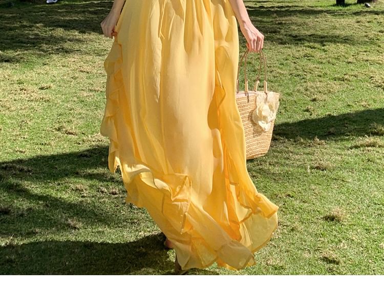 Spaghettiträger, einfarbig, Rüschenbesatz, Maxi A