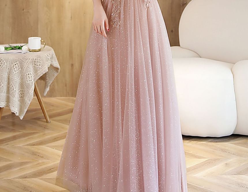 Evening Rhinestone Mesh Gown Designs) (Various Short-Sleeve A-Line