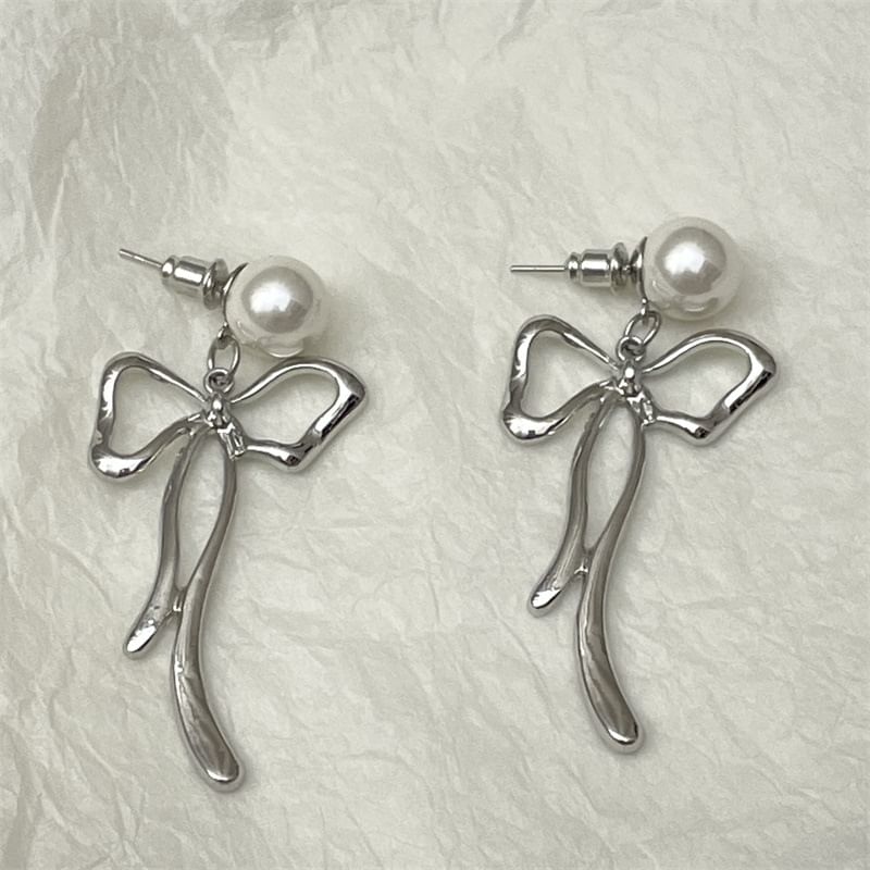 Faux Pearl Bow Alloy Drop Earring