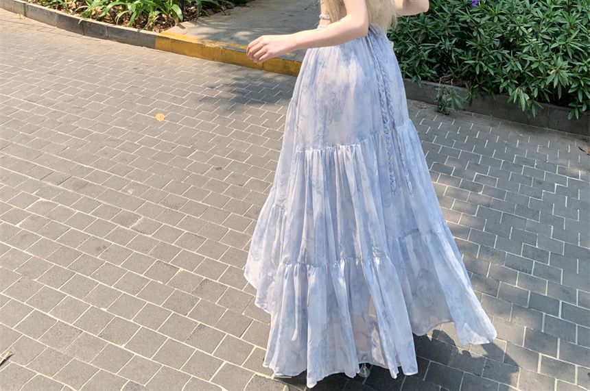 Spaghetti Strap Tie Dye Halter Neck Cutout Maxi A-Line Dress