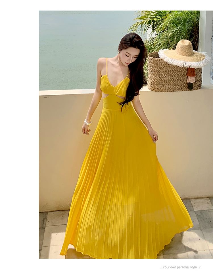 Spaghetti Strap V-Neck Cutout Pleated Chiffon Maxi Dress