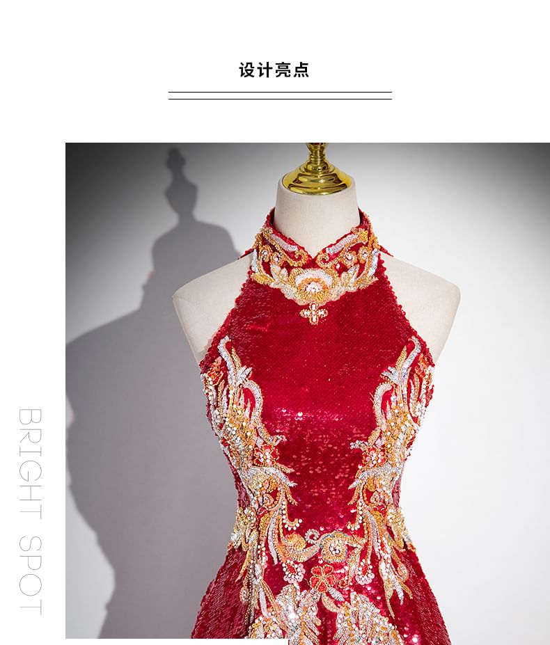 Cutout Embroidered Sleeveless Collar Gown Sequin Stand Patterned Back Evening A-Line