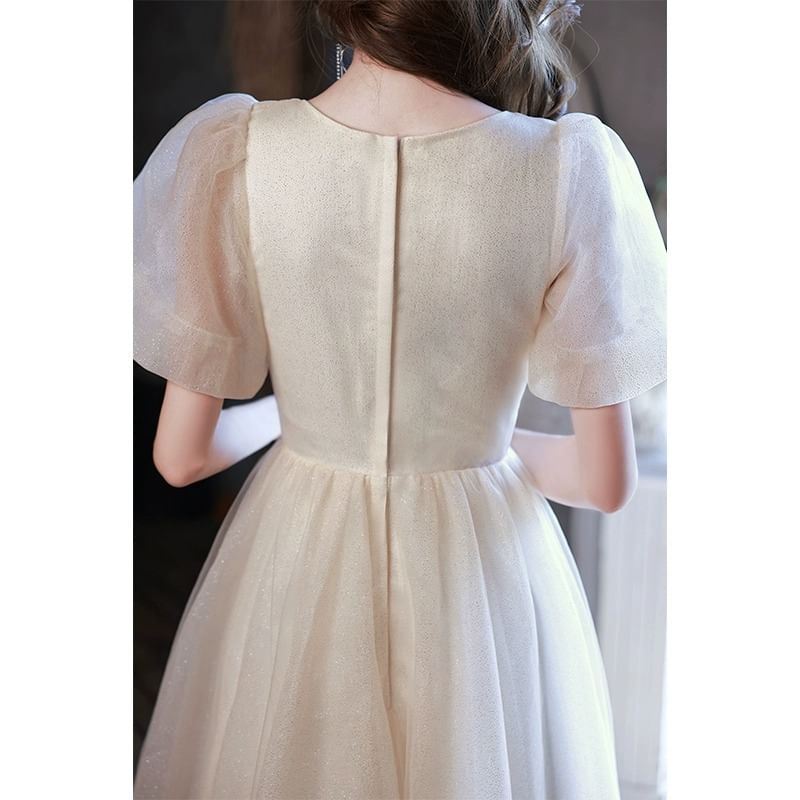 Gown A-Line Evening V-Neck Mesh Short-Sleeve