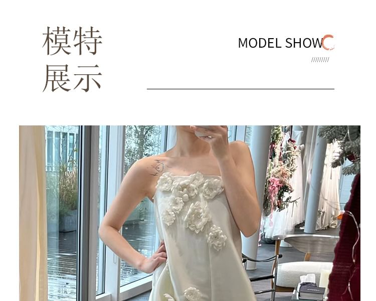 Strapless Gown Back Floral Accent Trained Satin Bow Plain Wedding A-Line