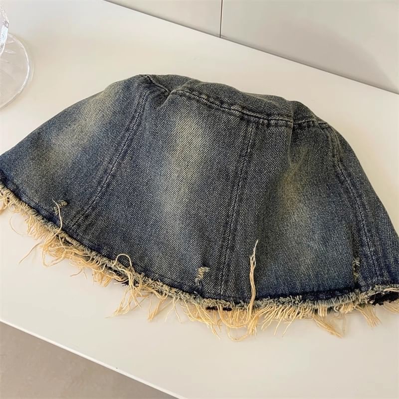 With Embroidery Bucket Butterfly Brim Hat Distressed