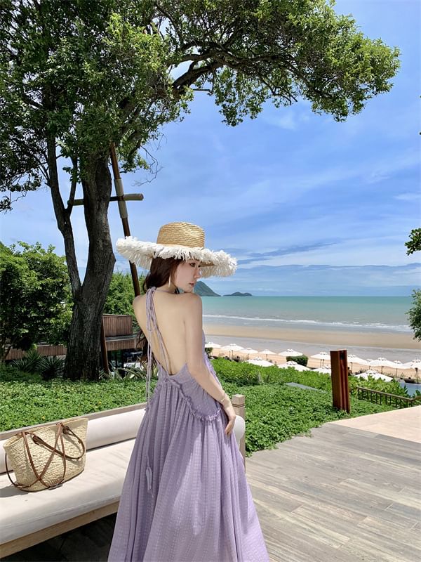 Halter V-Neck Plain Frill Trim Open Back Maxi A-Line Dress