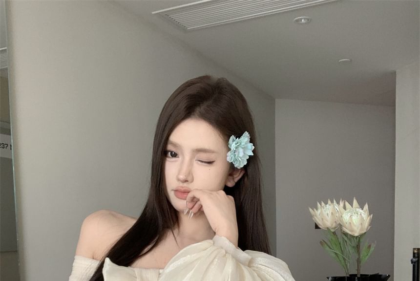 Long-Sleeve Off-Shoulder Plain Bow Accent Ruched Tunic Dress