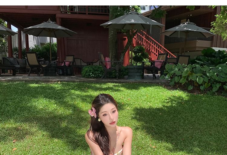 Halter Neck Floral Print Cutout Pleated Open Back Maxi A-Line Dress