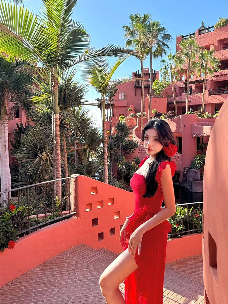 Sleeveless Square Neck Plain Ruffle Trim Open Back Slit Maxi Bodycon Dress