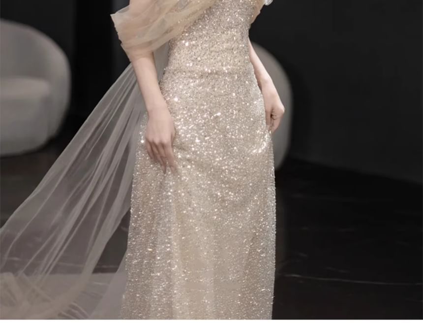 Off Shoulder Sheer Panel Sequin Sheath Evening Gown