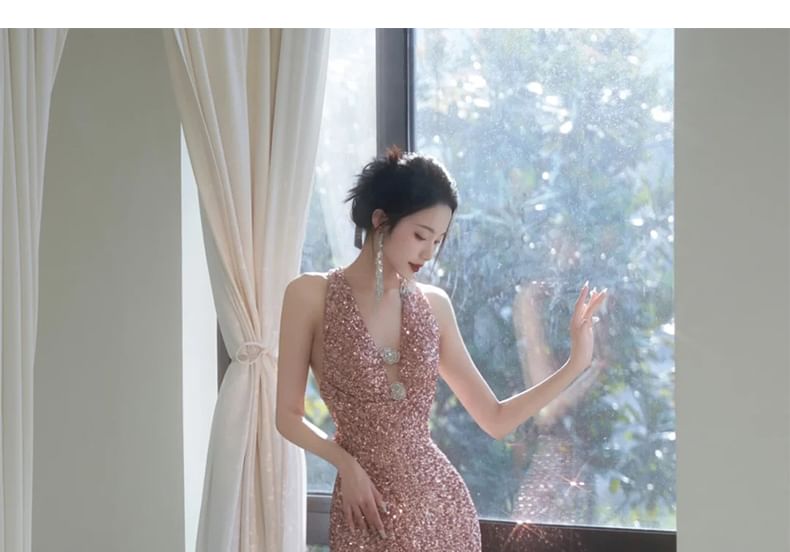 Sequin V-Neck Sleeveless Sheath Evening Gown