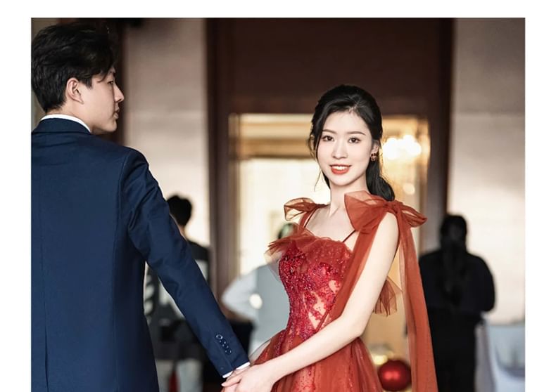 Embroidered Gown Sequin Evening Spaghetti Strap A-Line